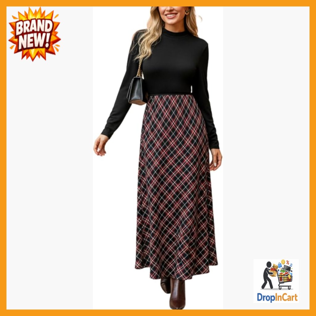 Plaid Maxi Dress Long Sleeve A-Line Casual Fall Outfit Knit Fabric